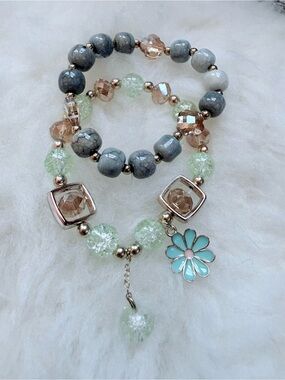 Crackle Glass, Stone & Enamel Flower Charm Stackable Bracelet Set